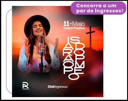 Banner promocional do sorteio especial da cantora Isadora Pompeo com informações sobre como participar, data do show (11/05), regras e perfis no Instagram envolvidos na promoção.
