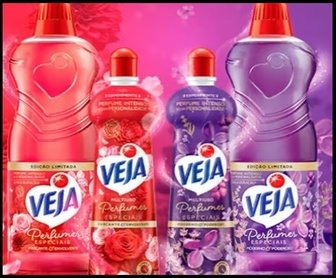 Kit promocional da campanha Veja Perfumes Especiais 2025 com limpadores perfumados e multiusos, exibidos sobre uma superfície clara com destaque para as fragrâncias.