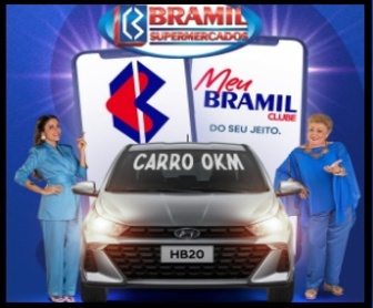 Banner colorido da promoção de 56 anos do Bramil Supermercados destacando a chance de ganhar um carro HB20 0km e milhares de vales-compras por meio da Raspinha Premiada Meu Bramil, com datas e instruções para participar.