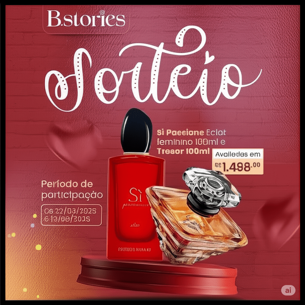 Promoção B.stories: Sorteio de um perfume Si Passione Eclat feminino 100ml e um perfume Trésor 100ml. Período de participação de 22/05/2025 a 19/06/2025. Avaliados em R$ 1.498,00.