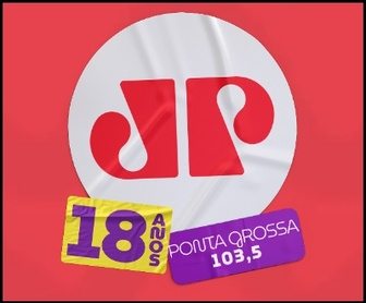 Imagem promocional colorida destacando a campanha “Promoção 18 Anos Jovem Pan Ponta Grossa”, com destaque para os prêmios oferecidos (vale-viagem e carteira de motorista), datas de participação e instruções para cadastro online.