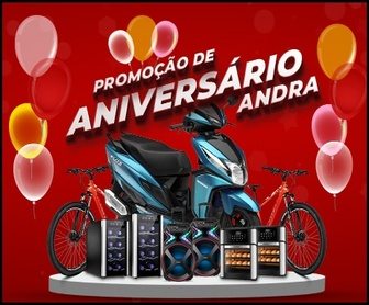 Imagem promocional colorida da campanha de aniversário da Andra Materiais Elétricos 2025, destacando prêmios como moto, bicicletas, adegas, caixas de som e fritadeiras elétricas.