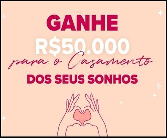 Banner promocional da campanha Casamento dos Sonhos 2025, com destaque para o prêmio de R$50.000, elementos românticos como alianças, flores e casal feliz, além do logotipo do site casamentos.com.br.