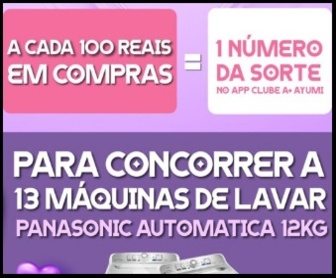Imagem promocional colorida da campanha “Mês das Mães Ayumi” mostrando a chance de ganhar lavadoras Panasonic 12kg ao participar das compras nas lojas Ayumi Supermercados durante maio de 2025.