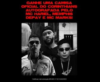 Imagem promocional do Concurso Manto dos Brabos RapMais 2025, destacando a camisa oficial do Corinthians autografada por MC Hariel, Memphis Depay e MC Marks, com detalhes sobre como participar e datas da promoção.