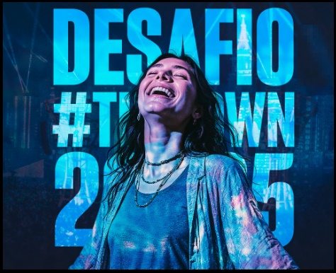 Imagem promocional do concurso #TheTown2025 no TikTok, destacando a chance de ganhar ingressos gratuitos para o festival The Town 2025 ao postar um vídeo criativo com a hashtag da campanha.