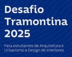 Imagem promocional do Desafio Tramontina 2025, destacando estudantes criando projetos de design e arquitetura, com elementos visuais de inovação, sustentabilidade e prêmios, incluindo uma viagem para a Serra Gaúcha e um Cooktop Tramontina Guru.