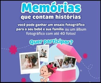 Imagem colorida da promoção “Memórias Que Contam Histórias” da Fraldas Turma da Mônica Baby, mostrando uma gestante sorridente segurando a barriga, com elementos gráficos infantis ao redor, como balões, corações e o logo da Turma da Mônica Baby, destacando a chance de ganhar um ensaio fotográfico exclusivo ou um álbum personalizado.