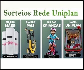 Clientes da Rede Uniplan sorrindo ao lado de eletrodomésticos e prêmios como geladeira, bicicleta infantil, cartões pré-pagos e caminhão de prêmios, destacando os sorteios da promoção Uniplan Premia 2025.