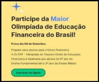 Estudantes e professores de escola pública participando da OLITEF 2025, com ícones de prêmios como laboratório de informática, livros e Tesouro Selic.
