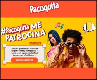 Imagem promocional colorida da campanha #PaçoquitaMePatrocina 2025, mostrando um pote de Paçoquita com elementos gráficos chamativos, acompanhada de informações sobre como participar do concurso cultural e prêmios oferecidos, incluindo kit exclusivo e crédito no iFood.