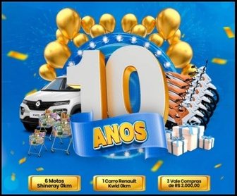 Imagem promocional colorida do aniversário de 10 anos do Mercadão Tend Tudo, destacando os prêmios como carro, motos e vale-compras, convidando os clientes de Fortaleza e Horizonte a participarem do sorteio até 27/09/2025.