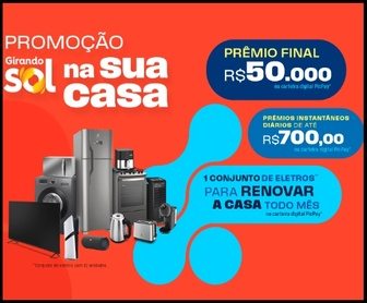 Imagem promocional colorida da campanha “Girando Sol na Sua Casa”, mostrando produtos de limpeza Girando Sol ao lado de ícones de prêmios em dinheiro, como R$50 mil, e eletrodomésticos, destacando a chamada para cadastro de notas fiscais no site oficial.