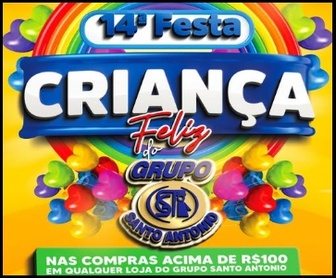 Cartaz promocional colorido da 14ª Festa Criança Feliz do Grupo Santo Antônio 2025, destacando sorteios de carro 0km, motos, PS5, celulares, patinete elétrico, eletrodomésticos e brinquedos, com cupons azuis e amarelos.