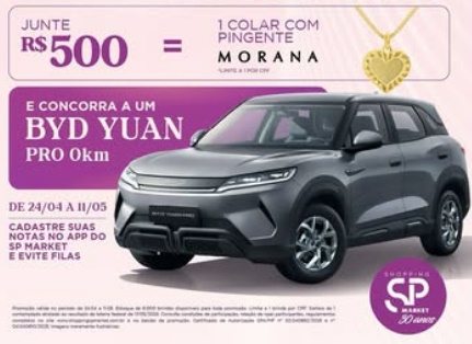 Imagem promocional da campanha Dia das Mães Shopping SP Market 2025, destacando o brinde de um colar com pingente Morana e o sorteio de um carro BYD Yuan Pro 0 km para participantes que realizarem R$500 em compras.