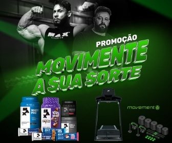 Imagem promocional colorida destacando a campanha “Movimente a Sua Sorte Jaú Serve e Max Titanium”, mostrando produtos de suplementação, uma esteira elétrica Movement R4i e o kit de musculação, com frases chamativas incentivando os consumidores a participarem da promoção comprando pelo aplicativo Jaú Serve Plus.