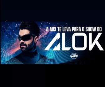 Imagem promocional colorida da Rádio Mix FM anunciando a Promoção Mix 2025, com destaque para o DJ Alok, mostrando a premiação de fones de ouvido, caixa de som e um encontro exclusivo nos bastidores do show no Estádio do Pacaembu.