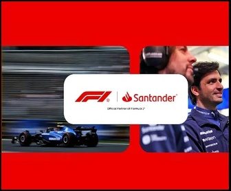 Promoção Santander Open Academy 2025 destacando viagem para assistir à Fórmula 1 em Silverstone, com imagem de carro de corrida e detalhes sobre liderança e prêmio internacional.