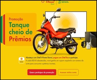 Imagem promocional da campanha “Tanque Cheio de Prêmios Shell Etanol”, mostrando um carro esportivo abastecendo em um posto Shell, com destaque para prêmios como motocicletas, eletrônicos, vales-combustível e smartphones, incentivando o uso do Shell Box para participação.