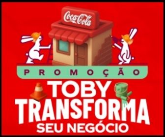 Imagem promocional colorida com o mascote Toby, um coelho simpático de uniforme comercial, ao lado de caixas de produtos Coca-Cola. Há texto informando sobre a promoção “Toby Transforma Seu Negócio”, com prêmios como reformas e créditos em pontos.