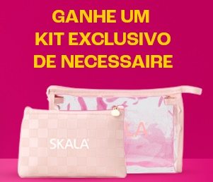 Imagem promocional da Skala exibindo produtos de cuidados capilares ao lado de uma nécessaire personalizada, destacando a oferta de brinde gratuito em compras no site oficial.