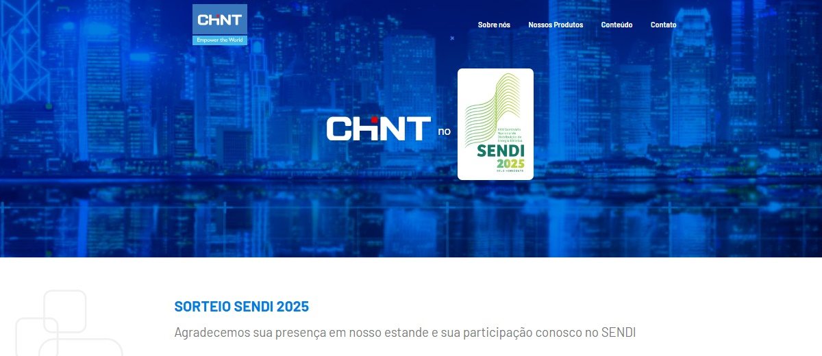 Imagem promocional da CHINT anunciando sua participação no SENDI 2025, com destaque para o sorteio presencial de um iPhone 16 entre os visitantes que se cadastrarem no estande da marca durante o evento em Belo Horizonte.