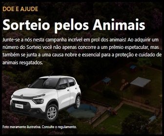 Banner da promoção Sorteio pelos Animais 2025 do Instituto Caramelo, com destaque para o prêmio principal, um Citroen C3 Feel 2024, e o valor mínimo de doação de R$30 para participar do sorteio.