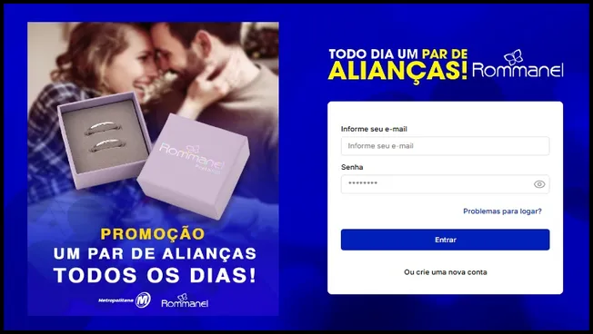 Promoção Rommanel e Metropolitana sorteia um par de alianças todos os dias – imagem com casal apaixonado, caixa de alianças e login para participar.