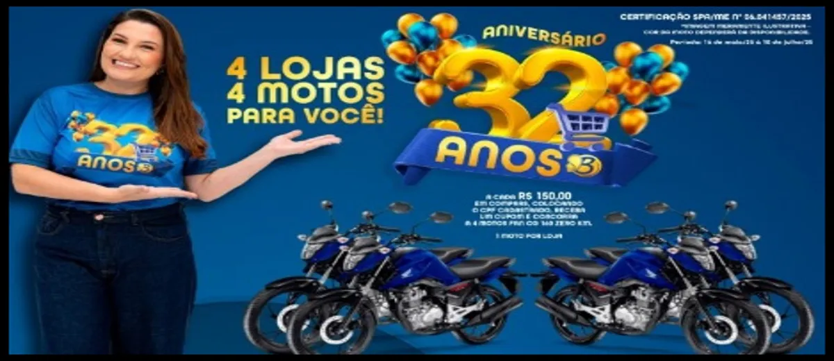 Mulher sorrindo ao lado de quatro motos Honda CG 160, com arte promocional do aniversário de 32 anos dos Supermercados Baratão destacando o sorteio de 4 motos em 4 lojas participantes.