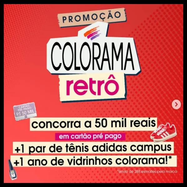 "Banner da Promoção Colorama Retrô 2025 com prêmios de 50 mil reais em cartão, tênis Adidas e 1 ano de esmaltes Colorama."