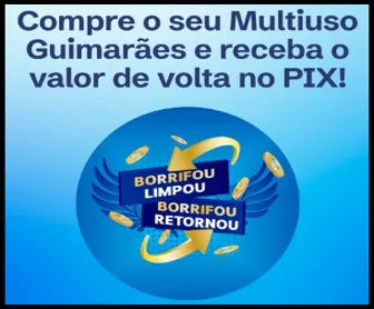 Banner da promoção Guimarães Multiuso com a frase “Compre o seu Multiuso Guimarães e receba o valor de volta no PIX” e selo promocional com setas e moedas.