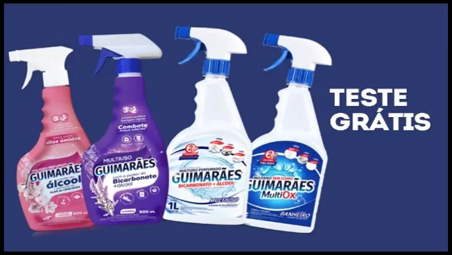 Produtos de limpeza Guimarães Multiuso com borrifadores em embalagens coloridas e destaque para o teste grátis da promoção de cashback.