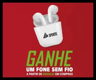 Fone sem fio branco da UP Sports com fundo vermelho e texto promocional destacando o brinde por compras a partir de R$600.