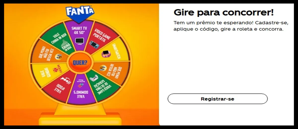 Imagem Roleta promocional da Fanta com prêmios como Smart TV, video game portátil, fones de ouvido e vales-compra