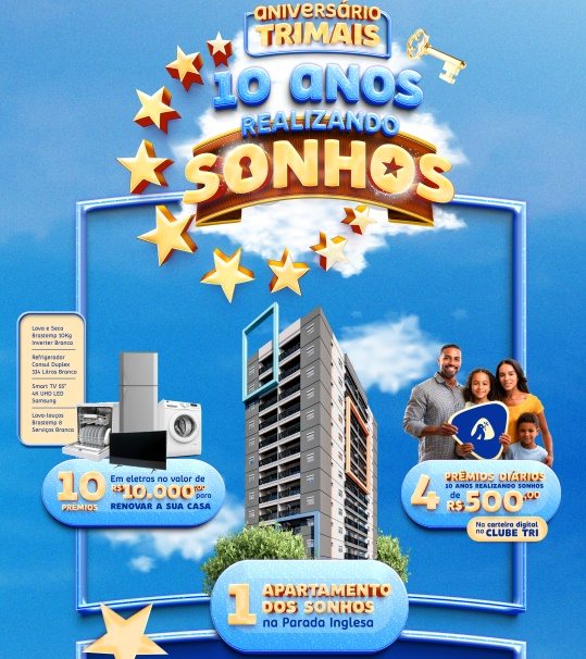 A imagem mostra a campanha promocional de 10 anos do Trimais Supermercados, com destaque para os prêmios: 1 apartamento na Parada Inglesa (SP), 10 kits de eletrodomésticos modernos e 120 vale-compras de R$ 500. A arte inclui o logo do Clube Tri e elementos festivos, como balões e confetes, reforçando o clima de comemoração. A promoção é válida para clientes de São Paulo que se cadastrarem no app Clube Tri até 30/06/2025.