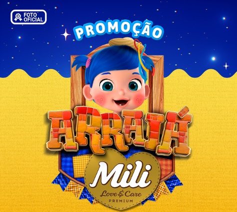 Bebê vestido com traje típico de festa junina, sorrindo, ao lado de fraldas Mili Love & Care, em divulgação do Concurso Cultural Arraiá Mili Fraldas 2025.