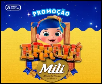 Imagem colorida da promoção Arraiá Mili Fraldas 2025, com personagem infantil sorridente em traje junino e elementos típicos de festa, promovendo fraldas Mili Love & Care Premium.