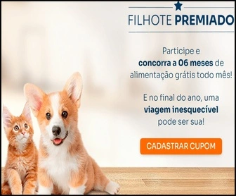 Imagem promocional da campanha Filhote Premiado da PremieRpet, com um filhote de cachorro e um filhote de gato ao lado de um pacote de ração Super Premium e um cupom raspável. Texto indica chance de ganhar alimentação grátis por 6 meses e vale-viagem de R$15.000.