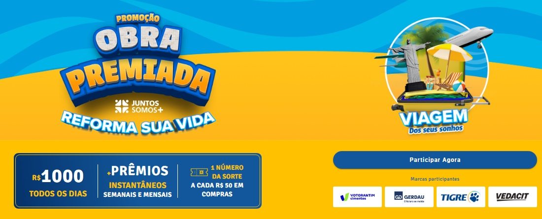 Imagem oficial da Promoção Obra Premiada 2025, destacando as marcas participantes — Votorantim, Gerdau, Tigre e Vedacit — e os principais prêmios da campanha, como vales de R$1.000, prêmios de até R$50 mil, além de 978 brindes instantâneos através de uma roleta digital. A imagem convida os consumidores a comprarem produtos das marcas envolvidas para concorrer a prêmios entre maio e julho de 2025.