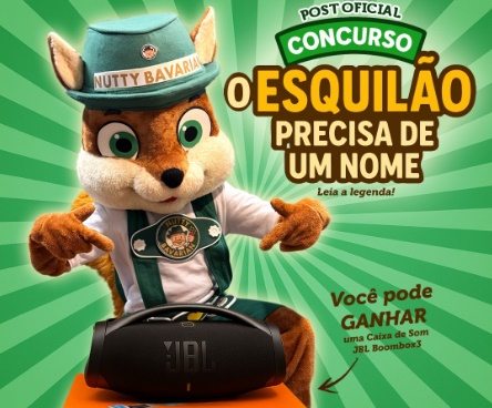 Mascote esquilo da Nutty Bavarian ao lado de caixa de som JBL Boombox3 promovendo concurso cultural de nomeação.