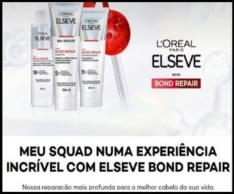 Mulher sorridente com cabelo brilhante segurando o produto Elseve Bond Repair, com fundo tropical do Rio de Janeiro e frase promocional destacada.