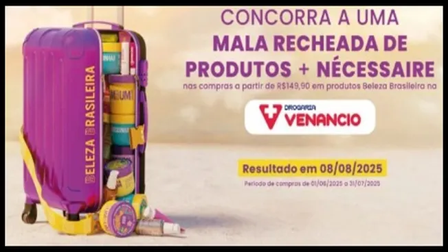 A imagem promocional apresenta uma mala personalizada roxa da marca Beleza Brasileira, completamente aberta e recheada com diversos produtos de beleza como cremes, shampoos, séruns e uma nécessaire exclusiva. Ao lado, está o logotipo da Drogaria Venancio, com informações sobre a promoção: ao comprar R$149,90 em produtos da marca, o consumidor concorre aos prêmios. A imagem destaca também a data do sorteio: 08/08/2025, e o período de compras válido entre 01/06/2025 e 30/09/2025.
