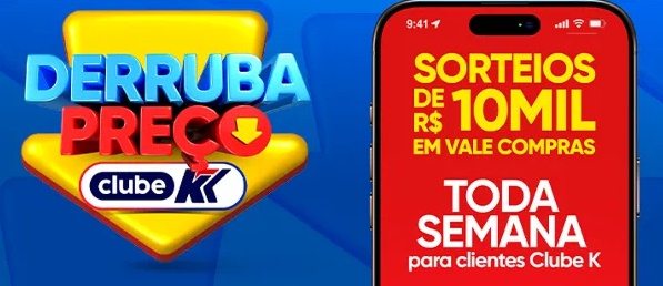Imagem promocional colorida destacando a campanha Clube K Derruba Preço realizada pelo Grupo Koch, com destaque visual para o prêmio de R$ 10 mil em vale-compras, logotipos do Komprão e SuperKoch, e elementos gráficos que remetem à economia e sorteios semanais. Ideal para atrair consumidores das cidades catarinenses onde a promoção é válida.