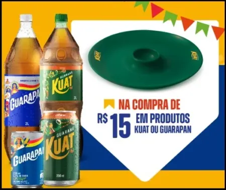 Banner colorido da promoção Encontros da Festa Junina com os logos de Kuat e Guarapan, com imagens de garrafas das marcas e uma petisqueira personalizada, ao lado de elementos típicos de festa junina como bandeirinhas e milho.