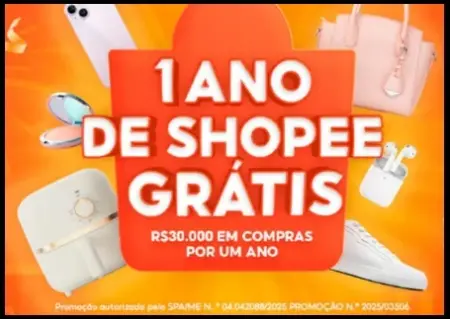 Banner da Promoção Shopee 7.7 com destaque para o prêmio de R$30 mil em compras grátis por um ano, moedas Shopee, cupons de frete grátis e o período da campanha de 12/06/2025 a 08/07/2025.