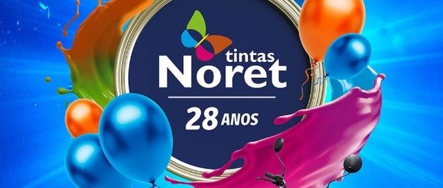 Banner comemorativo dos 28 anos da Tintas Noret, apresentando os três prêmios da promoção: uma mini scooter elétrica X-13 azul, uma TV Smart Philco 50” LED Roku 4K e um smartphone Samsung Galaxy A05s. A arte destaca que, nas compras a partir de R$ 300 em produtos Coral ou Coral Mactra, o cliente recebe cupons para participar do sorteio. Produtos da linha Premium Coral garantem cupons em dobro. Promoção válida de 16/06 a 16/07/2025 nas lojas Tintas Noret em cidades do RJ.