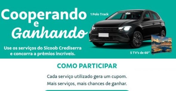 Imagem oficial da promoção Cooperando e Ganhando 2025 do Sicoob Crediserra, com destaque visual para um Volkswagen Polo Track branco e cinco Smart TVs de 60