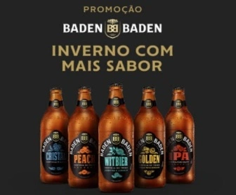 Estabelecimento comercial participando da Promoção Baden Baden 2025 com destaque para cervejas artesanais e anúncio de viagem para Campos do Jordão.