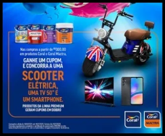 Banner da promoção de 28 anos da Tintas Noret com latas de tinta Coral e Coral Mactra, scooter elétrica, TV 50” e smartphone. Destaque para cupons em dobro na linha Premium.