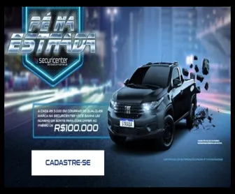 Caminhonete Fiat Strada preta em destaque na promoção “Pé na Estrada Securicenter”, com prêmio de R$ 100 mil.